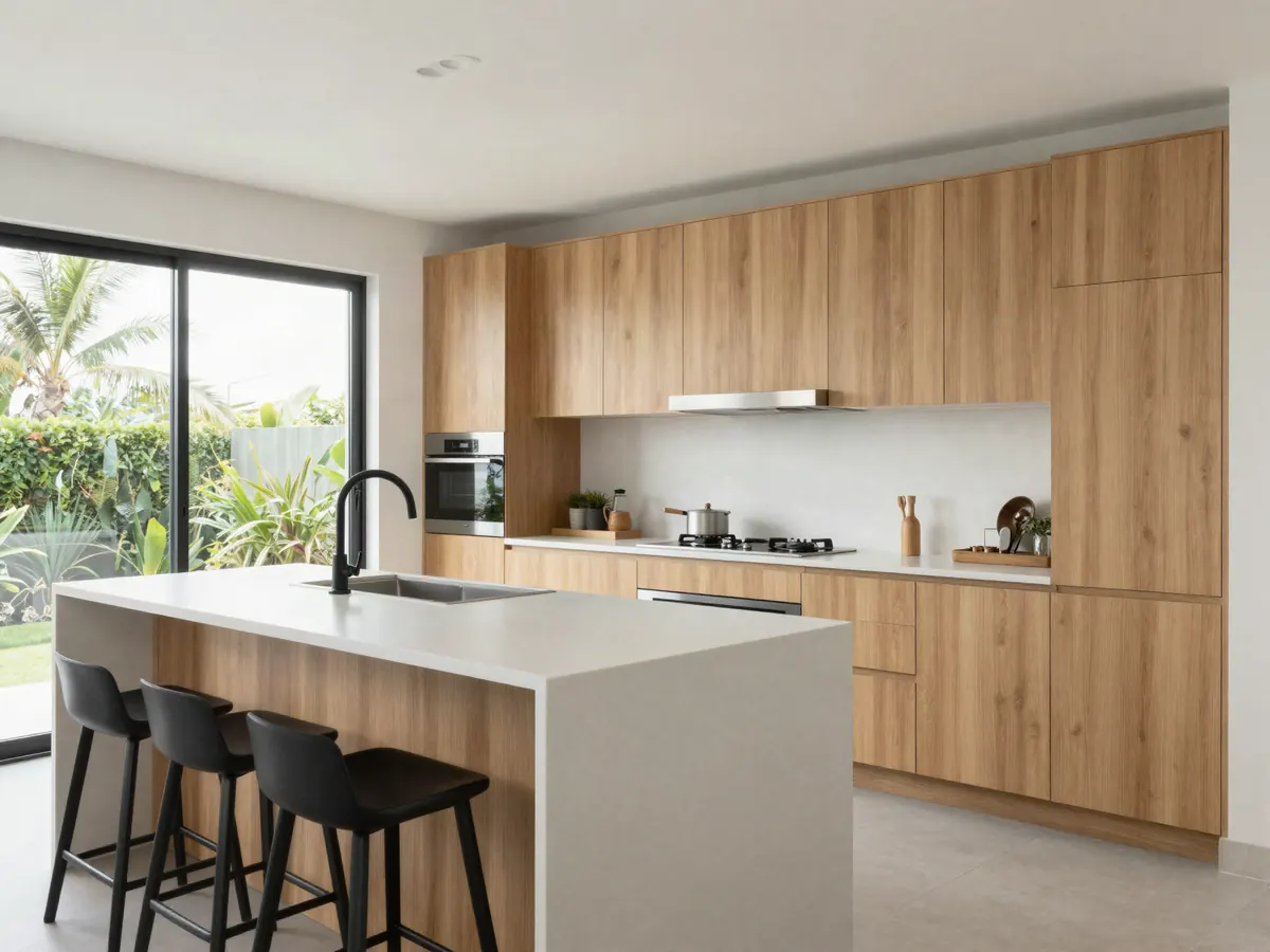 La cocina después de la reforma, con isla y muebles de roble