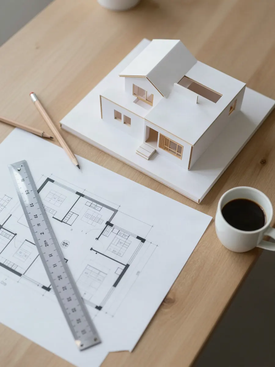 Planos, regla y una maqueta de casa sobre el escritorio del estudio