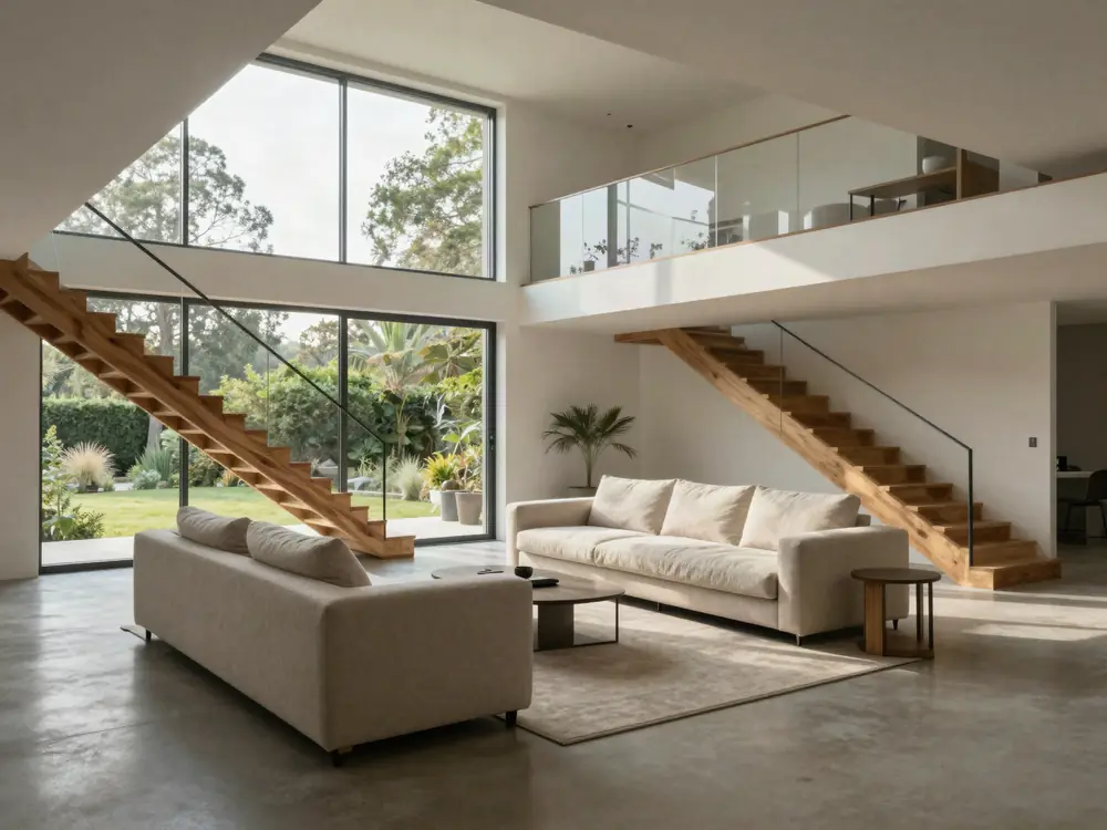 Living de doble altura: interiorismo y escalera de madera, Pilar