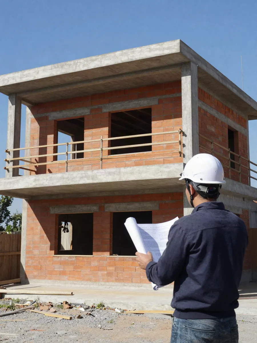 Arquitecto con los planos en la mano frente a una casa en construcción